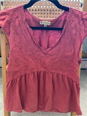 Democracy Coral Embroidered V-Neck Peplum Tunic
